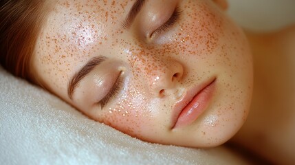 Naklejka premium A young woman with freckles peacefully rests her eyes on a soft surface, embodying tranquility in a bright and warm setting. Sunlight gently highlights her features
