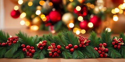 Holiday garland arranged along the bottom of the frame, with an open background that creates a feeling of warm anticipation.