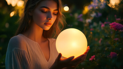 Naklejka premium Eco-friendly illumination: model with solar-powered lamp in serene garden setting