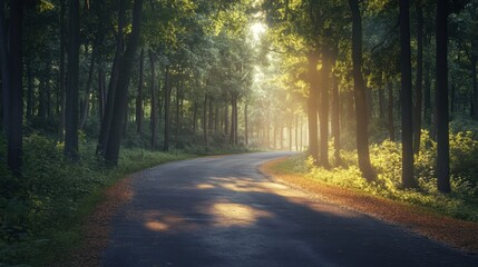 Fototapeta premium Winding road through lush forest early morning light nature photography tranquil environment scenic viewpoint
