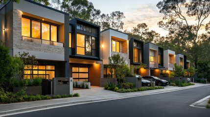 Modern residential architecture suburban street exterior view urban environment contemporary design