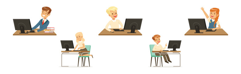 Boy and Girl at School Lesson Gain Subject Knowledge Vector Set