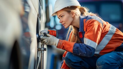 A skilled woman repairman is working outdoors, wearing safety gear and coveralls