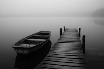 Fototapeta premium Wooden Dock and Boat in Misty Lakeside Scene