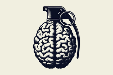 Fototapeta premium Grenade Brain. Abstract black and white vector illustration, emblem, print, logo, tattoo