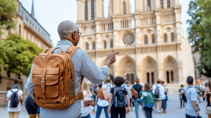 Fototapeta premium Traveler exploring notre dame cathedral in a bustling paris scene