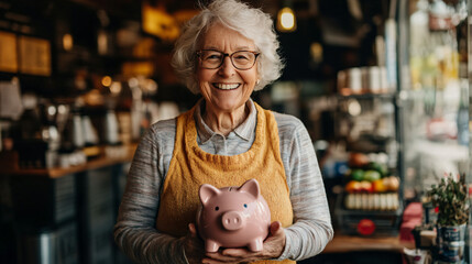 Obraz premium Successful senior female entrepreneur holding a piggy bank in her warm cafe, radiating joy and accomplishment through her careful planning and dedication