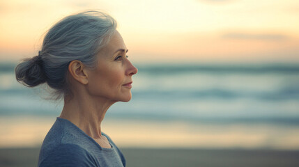 Peaceful senior woman with gray hair finding tranquility in nature while admiring a serene sunset at the beach