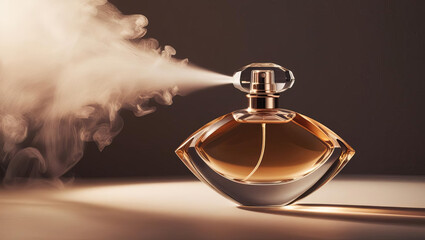 Luxurious perfume bottle with mist effect, soft lighting, elegant glass design, showcasing fragrance product that exudes sophistication and allure