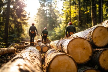 Loggers Working in a Sunlit Forest