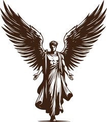 Detailed vector illustration of a majestic angel with large spread wings wearing a classical robe standing with open arms in engraving style