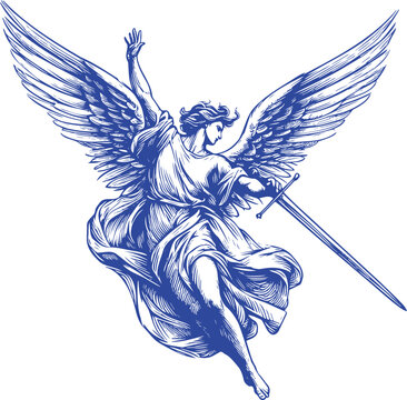 recommend clip art: A dynamic blue line art illustration of a celestial being in mid flight wielding a sword and surrounded by expansive wings conveying a sense of divine power and protection