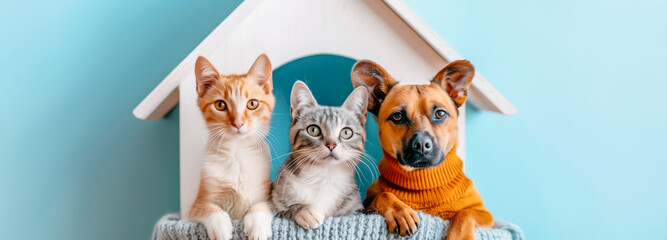 Cute dog and cat sitting in a big house model. Adoption of homeless animals concept.