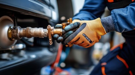 Close-up of a plumber tightening a pipe connection with safety gloves near a construction van