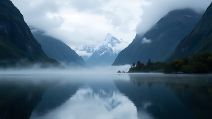 Obraz premium Milford Sound with Mitre peak in foggy on the lake during the morning at New Zealand