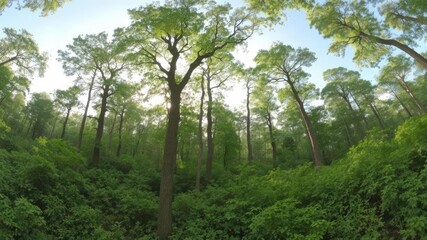 Wide angle shot of lush forest with sun rays peaking through the canopy, creating a stunning panoramic view, plant life