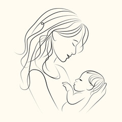 Young woman holding sleeping baby in her arms, side view. Art Line Vector Illustration. On a White Background