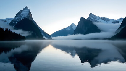 Naklejka premium Milford Sound with Mitre peak in foggy on the lake during the morning at New Zealand