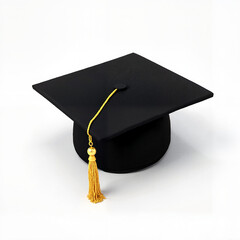 Black graduation cap with golden tassel on white background, academic success