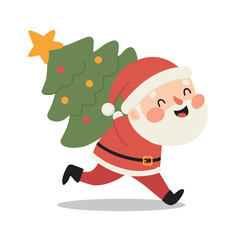 Santa Claus running with christmas tree, vector illustration in flat style