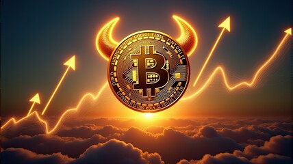 A Bitcoin coin with bull horns and a rising chart on a fiery background, symbolizing the aggressive and risky nature of cryptocurrency trading.
