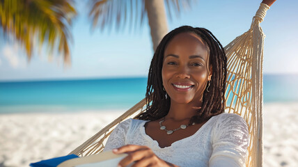 Happy black woman relaxing in hammock on a tropical beach, enjoying summer vacation