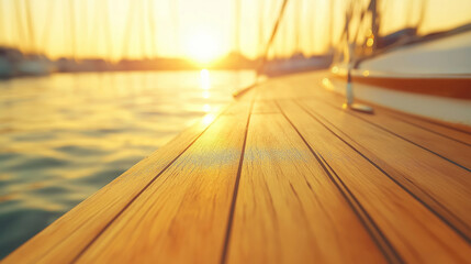 Obraz premium Sunset in marina: sailboat's wooden deck bathed in warm sunlight, creating a serene and opulent ambiance