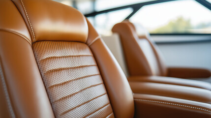 Empty passenger seats inside a luxurious vehicle showcasing high-quality brown leather upholstery, stitching, and perforations for comfort