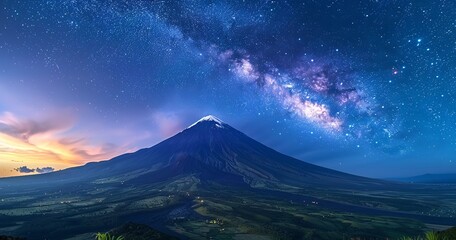 A snow-capped mountain with a verdant expanse beneath a starry sky, Generative AI.