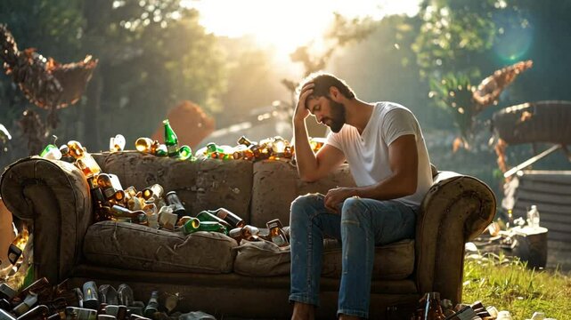 A distressed man sits on a couch surrounded by empty bottles in a cluttered outdoor setting.