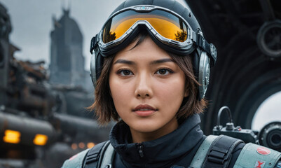 A woman wearing goggles and a helmet looks intensely at the camera in front of a large, futuristic vehicle