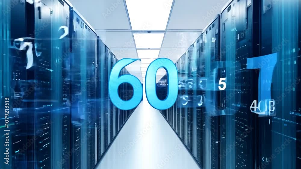 Poster abstract blue numbers move through a modern data center environment generative ai