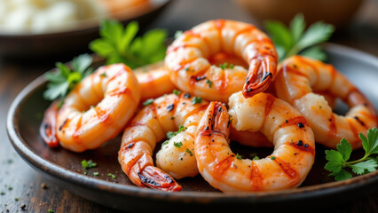 Grilled shrimp on a plate, cooked to perfection with spices and herbs, perfect for a carnivore diet meal.