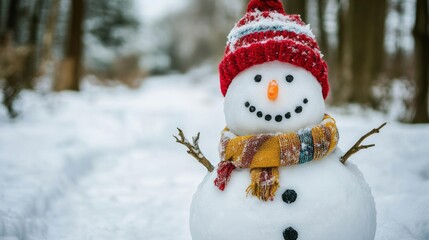 Happy snowman in winter secenery