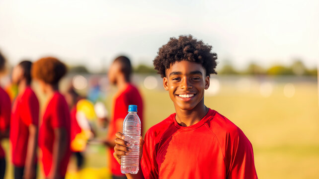 African american soccer player hydrating with water after a match, smiling and resting under the sun. Capturing a healthy, active lifestyle - Powered by Adobe