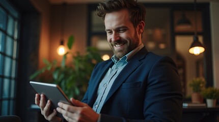 Businessman Viewing Positive Business Statistics on Tablet.