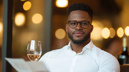 Self-assured businessman enjoying a glass of wine while perusing the menu in an elegant restaurant atmosphere