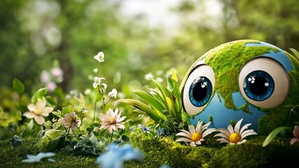 Cute cartoon earth character animation with plants. Suitable for earth day and go green day content, set in a beautiful garden background.