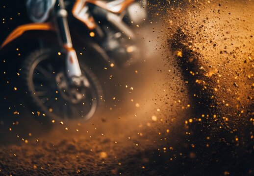 バイクのタイヤが砂埃を巻き上げるオフロード走行中の瞬間