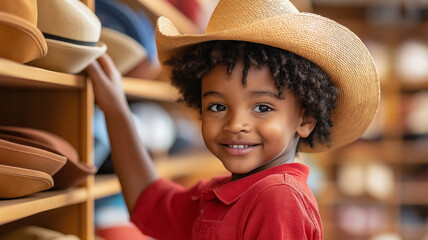 Joyful child in a straw cowboy hat selects a new hat at a hat shop