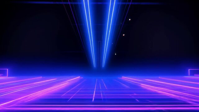 Abstract neon grid of glowing blue and pink lines on dark background. Futuristische digitale Szene mit Perspektive Tiefe und geometrische Symmetrie. Sci-fi and technology concept. Design for wallpaper
