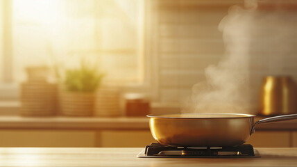 Shimmering pan steaming on a stove in a sunlit kitchen, evoking a cozy and welcoming ambiance