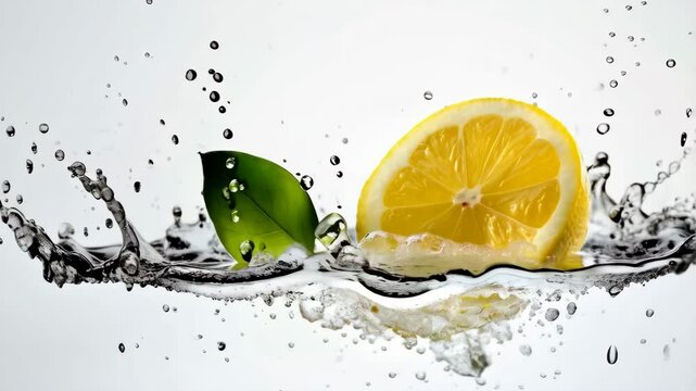 Lemon slice and green leaf splashing into clear water on a white background. High-speed photography capturing water droplets and movement. Concept of freshness, health, and hydration. 