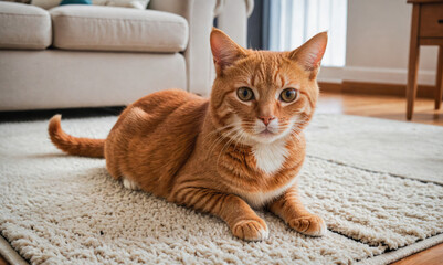 A ginger cat sits on a white carpet in a home, looking directly at the camera