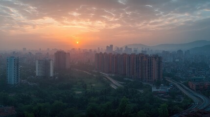 Fototapeta premium A panoramic view of a city skyline at sunrise with fog and clouds.