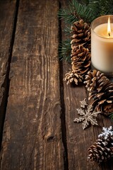 Obraz premium Rustic Winter Holidays: Pine Cones, Snow, and Candlelight on Wood with Space for Text