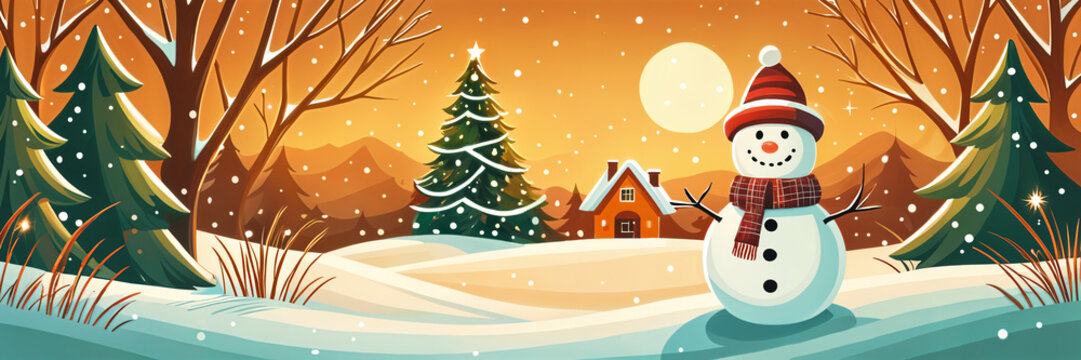 Festive winter scene featuring a snowman and a Christmas tree, set against the backdrop of a snowy landscape with trees and a house.