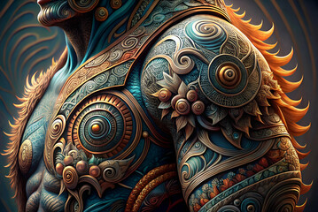 Fototapeta premium A vibrant, intricately designed tattoo covers a muscular shoulder, showcasing ornate patterns and intricately detailed textures.