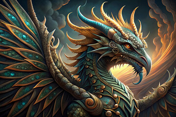 Fototapeta premium Intricacy of A majestic dragon with ornate scales and feathers, set against a dramatic sky, showcasing intricate details in its design and powerful presence.
