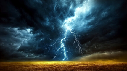 A powerful lightning bolt strikes across a stormy sky over an open field. Concept of nature's intensity and dramatic weather.